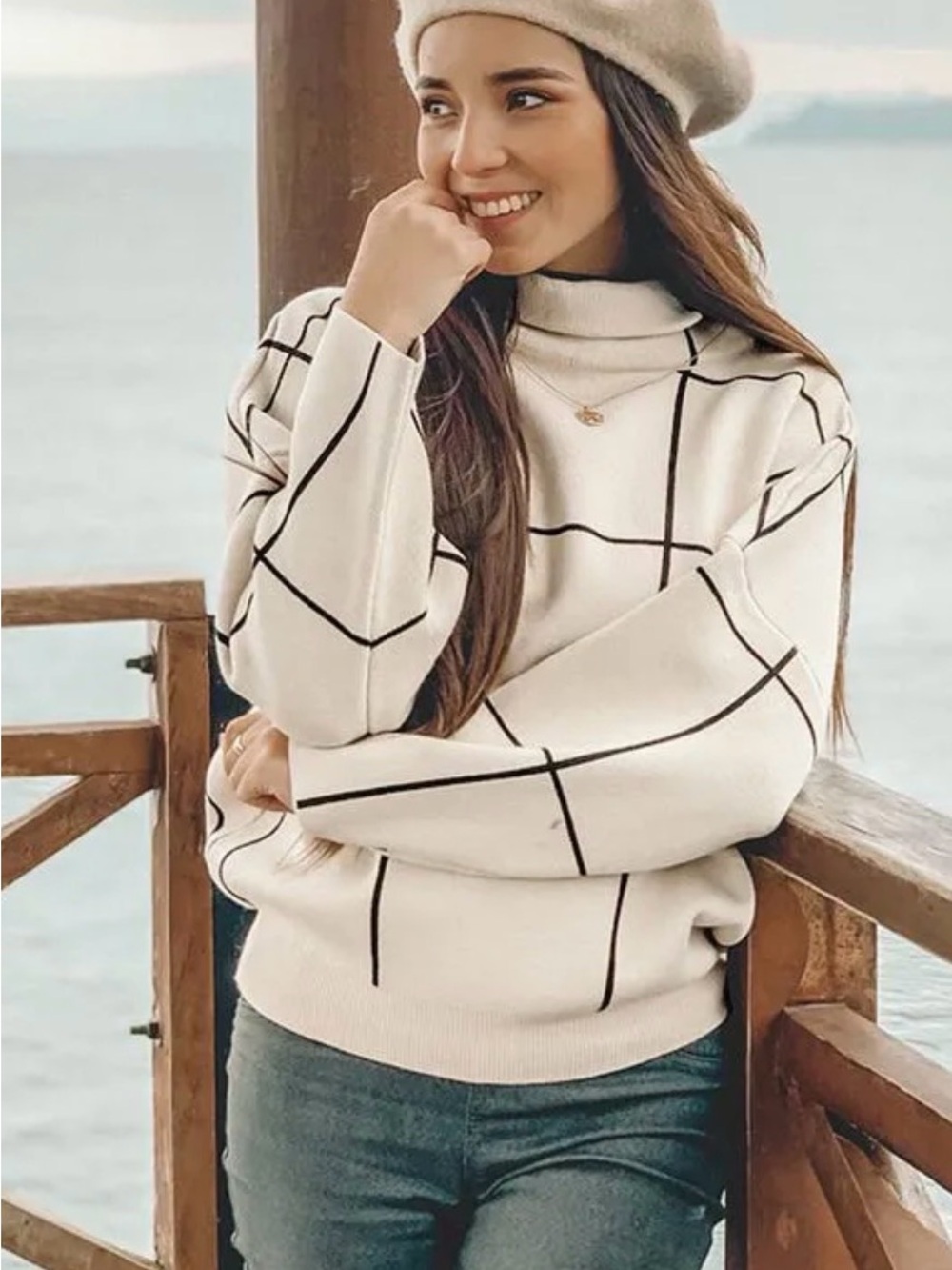 Chicwish Cozy Cream Turtleneck Sweater with Black Windowpane Lines Size Small